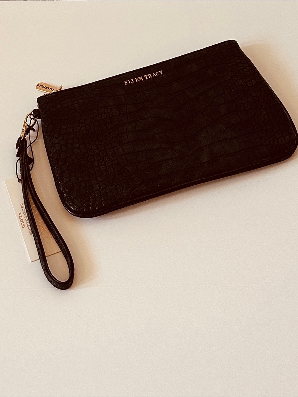 Ellen Tracy Black Croc-Embossed Wristlet Clutch